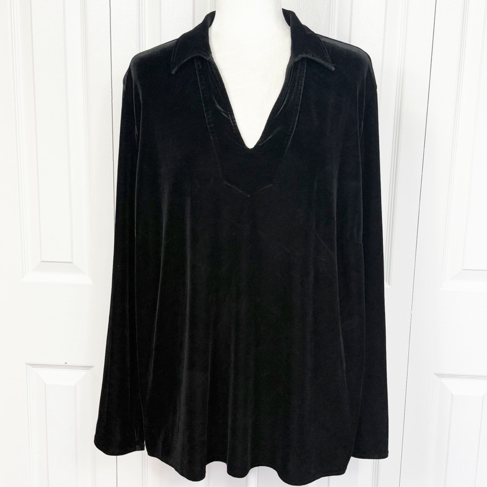 Vintage Harve Benard Black Velvet Collared V-Neck Long Sleeve Blouse 2X